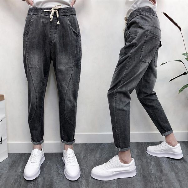 

men vintage ankle-length gray jeans mid waist distressed denim harem pants slim pencil pants with pockets high street trousers1, Blue