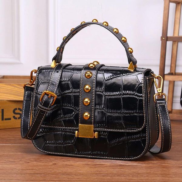 

new first layer cowhide women handbags crocodile pattern fashion shoulder bag square ladies rivet bag female totes handbag