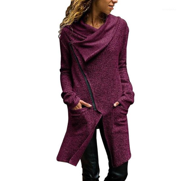 

women oblique zipper coat lapel collar long sleeves autumn outwear with pockets -mx81, Black;brown