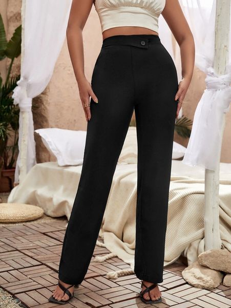 

asymmetrical waist straight leg pants c6ua#, Black;white