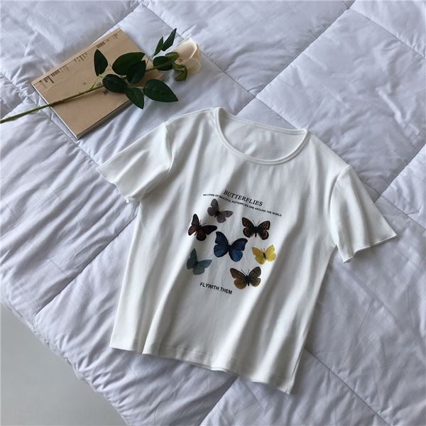 

бабочка печати короткой футболке летом интернет-знаменитости корейский пригонки короткий рукав женщин top butterflybutterfly butterflyt футб, White