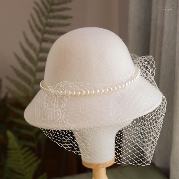 

stingy brim hats paris elegant ladies white wool bucket hat pearl veil fedora cap fairy winter autumn pure felt pillbox female sombrero 2021, Blue;gray