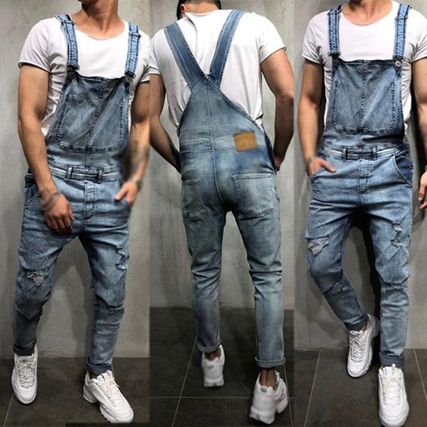 

fashion men's ripped jeans jumpsuits hi street distressed denim bib overalls for man suspender pants size s-xxl, Blue
