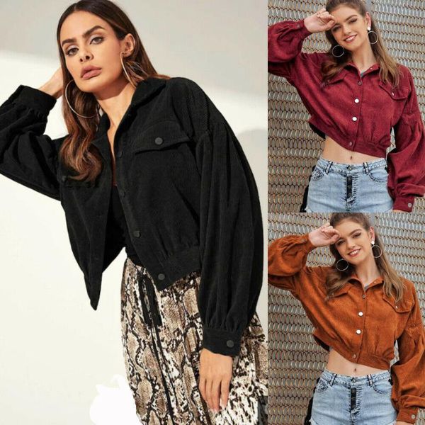 

women's jackets women autumn winter corduroy jacket short outerwear streetwear button crop vintage casual loose coat, Black;brown