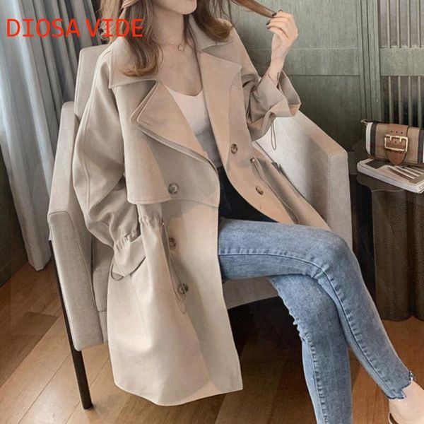 

2020 spring autumn new korean loose double-breasted mid-length long-sleeved windbreaker jacket with waist and slim casual top, Tan;black