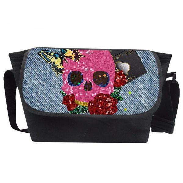 

messenger bag women denim skull printing shoulder bag teenagers batterfly pattern bags for females crossbody bolsa