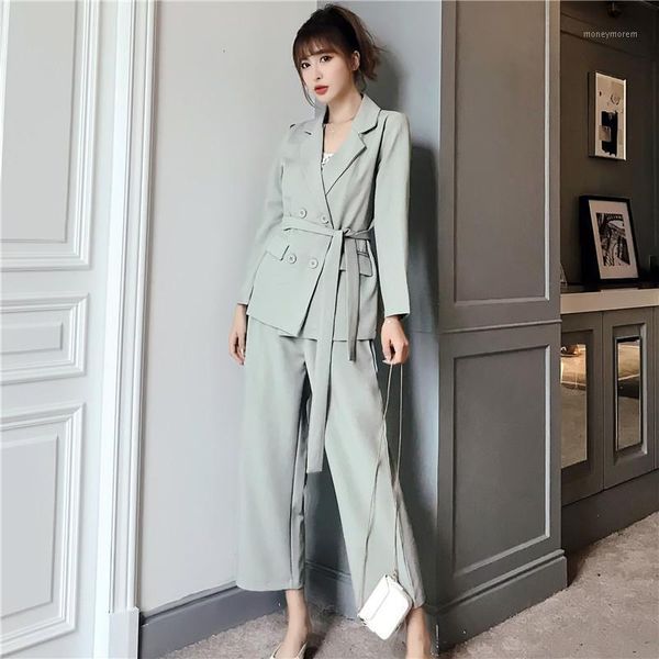 

autumn winter women lace up pant suit notched blazer jacket & pant office wear suits female sets dropshipping1, White