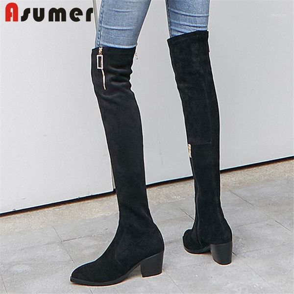 

boots asumer big size 34-42 fashion over the knee zip thick high heels suede leather slim stretch thigh 20211, Black