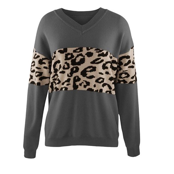 

ladies autumn spring v-neck leopard print color block sweater casual simple soft long sleeve wild pullover, White;black