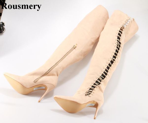 

selling women fashion elastic pointed toe suede leather over knee gladiator boots cut-out long high heel boots, Black