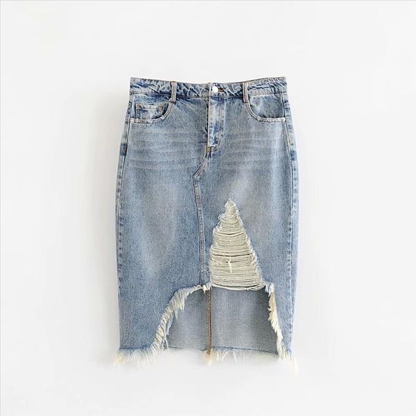 

летняя мода разорванные джинсы юбка женские стритюва высокая талия длинные женские нерегулярные джинсовые юбки мыть фалдас моджер мода 2019, Black