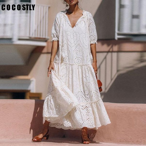 

party dresses woman dress white long boho ladies v-neck hollow out embroidery summer 2021 maxi for women robe femme, White;black