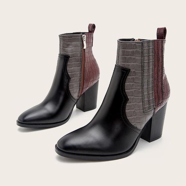 

boots women's 2021 spring short chunky heel high booties color shoes fashion, Black