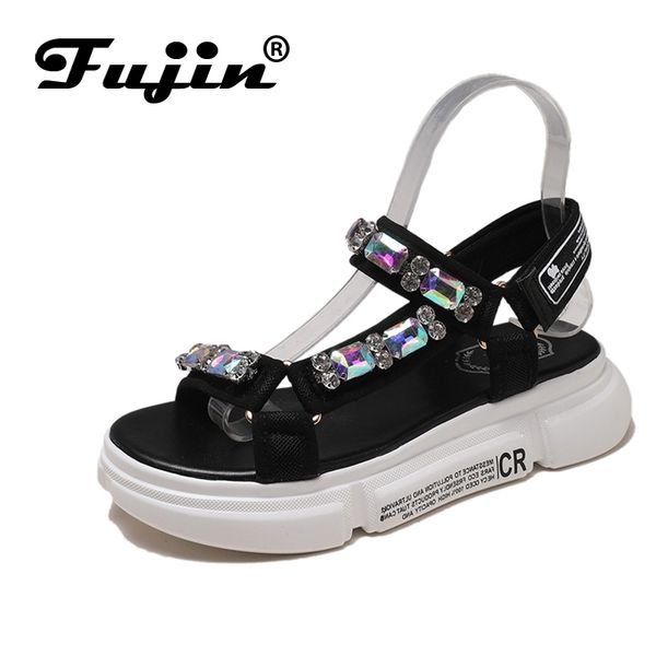 

fujin brand 2020 spring summer and autumn slopes and open toe platform shoes with a word on the side sandals with rhinestones y200702, Black