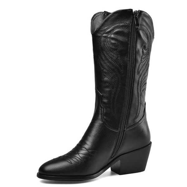 

genuine leather western cowboy boots for women new brand square med heels short ankle boots autumn winter black shoes woman