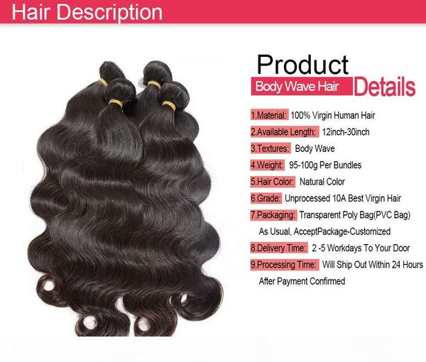 

grade 10a brazilian virgin hair body wave unprocessed raw peruvian indian malaysian human hair weave 3 4bundles lot natural color can bleach, Black