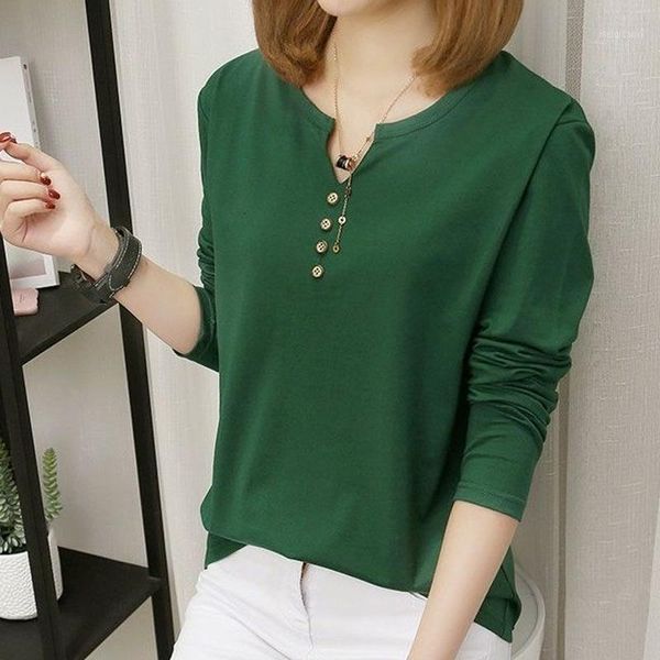 

women spring long sleeves t-shirts loose pullover v neck slim fit casual ik881, White