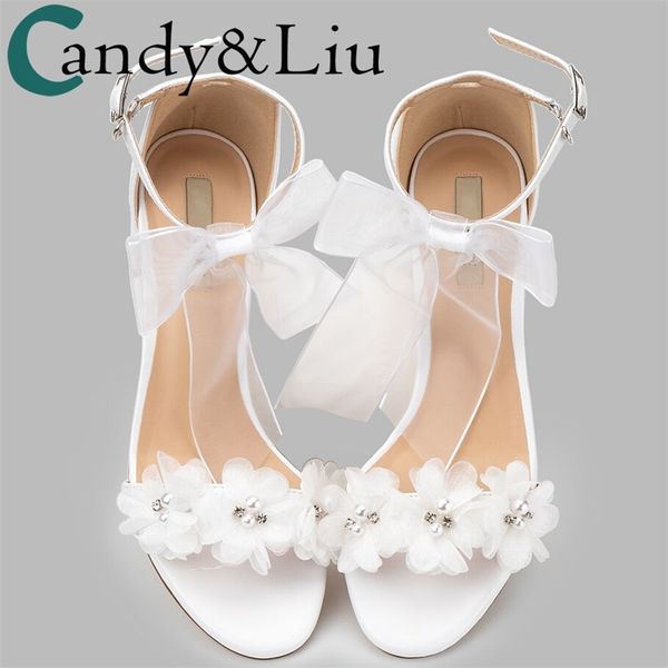 

womem sandals white wedding shoes summer elegant lace bowknot one word wristband white flower cross with bare toe thick heel new y200111, Black