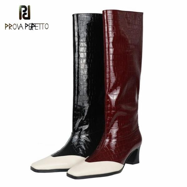 

prova perfetto 2020 fashion mixed colors genuine leather women's winter thigh high boots square toe strange heels casual shoes, Black