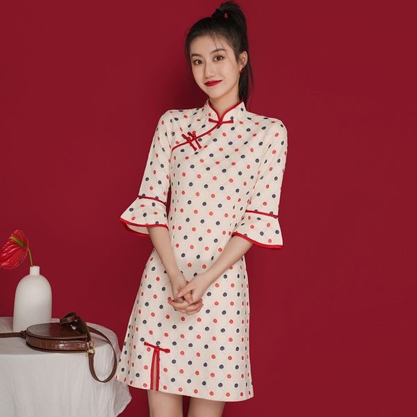 

yek00 2020 осень новых женщины платье dresslace улучшились девушка кружева cheongsam точка короткого сладкого китайского стиля dresswave пла, Black;gray