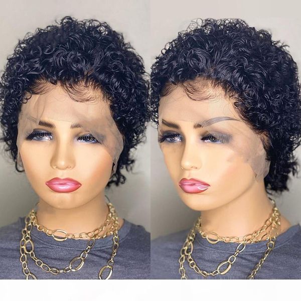 

pixie cut short curly 13x4 lace front human hair wigs bob brazilian preplucked remy hair lace wigs density 180% bleached knots, Black;brown