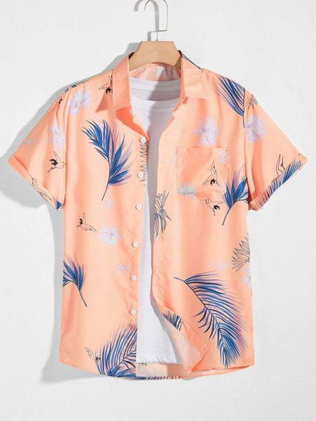 

men leaf print pocket front hawaiian shirt n3z3#, White;black