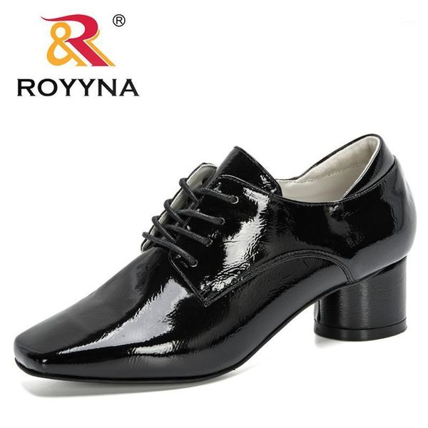

royyna 2021 new designers chunky heels british style fashion women dress shoes woman classic lace up pumps patent leather shoes1, Black
