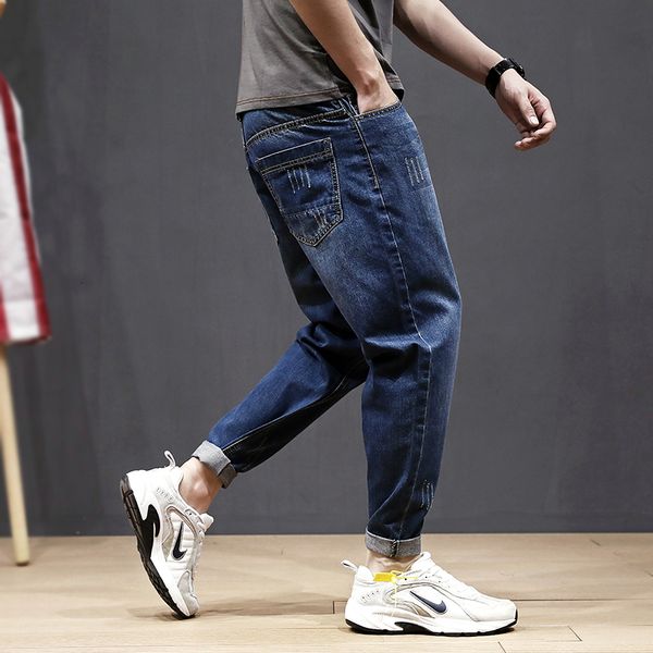 

2021 new japanese style fashion men jeans loose fit elastic casual cotton denim harem trousers streetwear vintage designer long pants dlj6, Blue