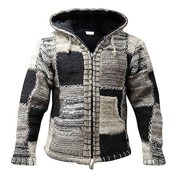 

2021 autumn men hooded wool cardigan sweater jumper men winter fashion patchwork knit outwear coat sweater with pocket, White;black