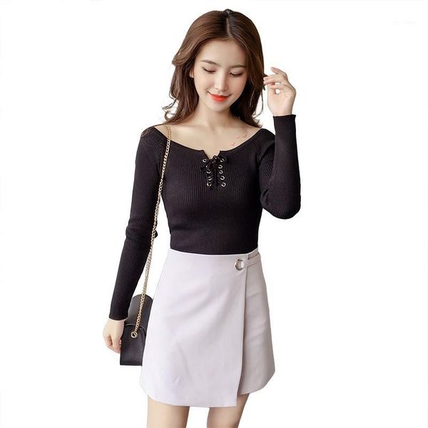 

womens slim sweater fashiion ladies cotton pullovers lace up jumpers knitted 1, White;black