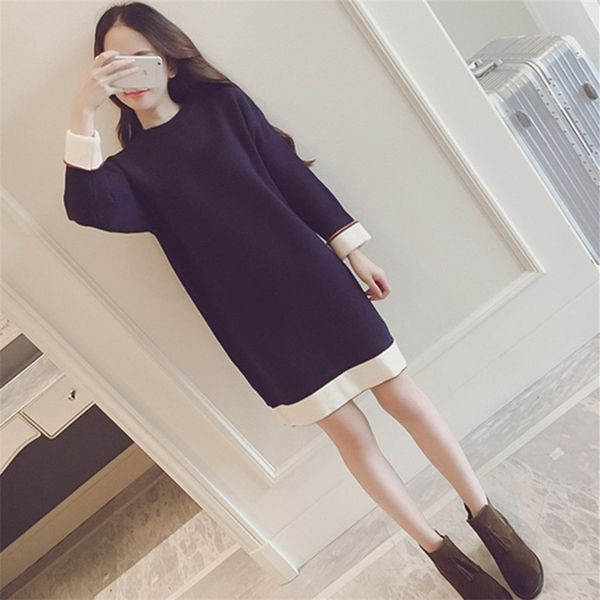 

autumn new style women's crowd bottoming small shirt korean color matching long sleeve knitted medium length wool t-shirt skirt