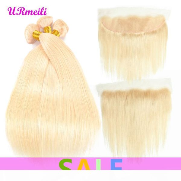 

urmeili 613 blonde bundles with frontal 13*4 ear to ear remy blonde 10a brazilian straight remy human hair 613 blonde bundles with closure, Black;brown