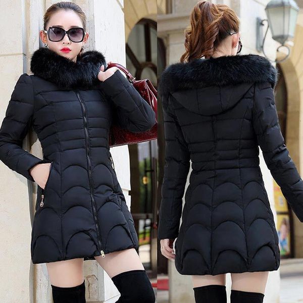 

2020 fashion winter down jacket women cotton padded warm coat female fur collar hooded jackets ladies long slim parkas xa388f, Black