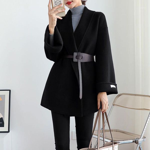 

women 2021 autumn winter double faced cashmere wool coat female turn-down collar solid all-match elegant chic outerwear b5141, Black