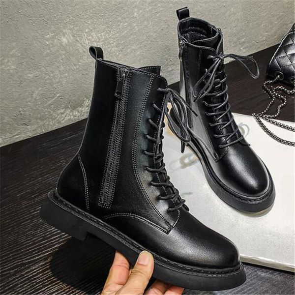 

boots fashion ankle winter pu leather women work shoes round toe lace-up black