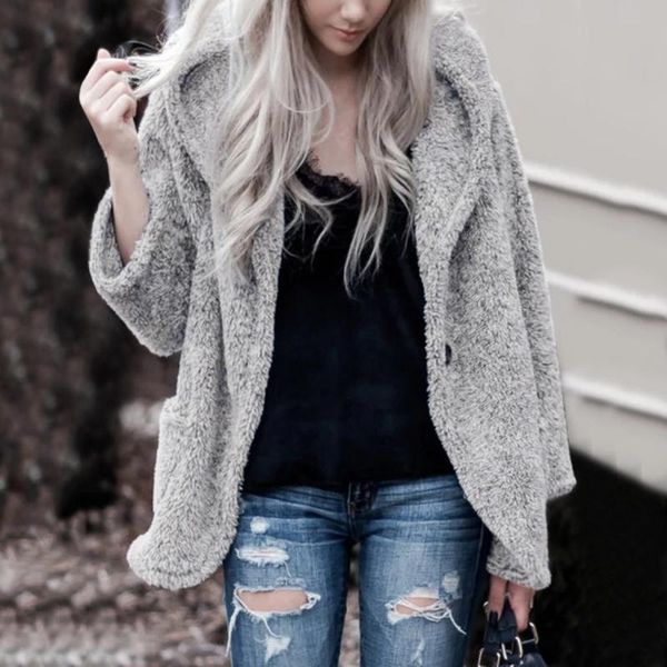 

elegant hooded faux fur coat women autumn winter warm one button jacket female plush overcoat pocket casual solid loose outwear, Black