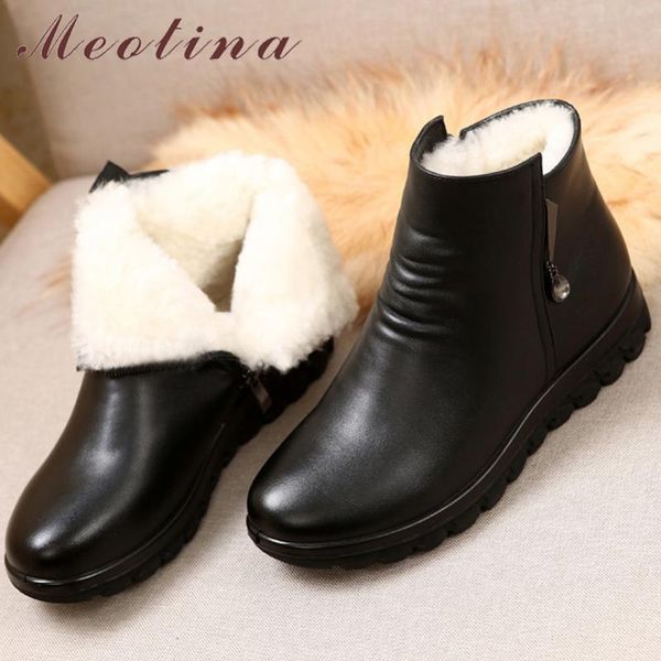 

boots meotina natural wool fur real leather platform flat snow women ankle shoes crystal zipper warm short winter 43, Black