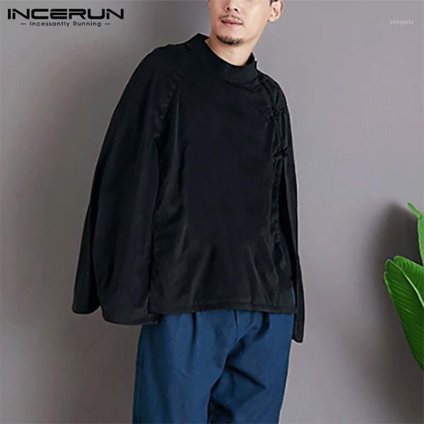 

vintage chinese style buttons poncho blouse incerun men shirts cloak man solid stand collar capes loose irregular chemise s-5xl1, White;black