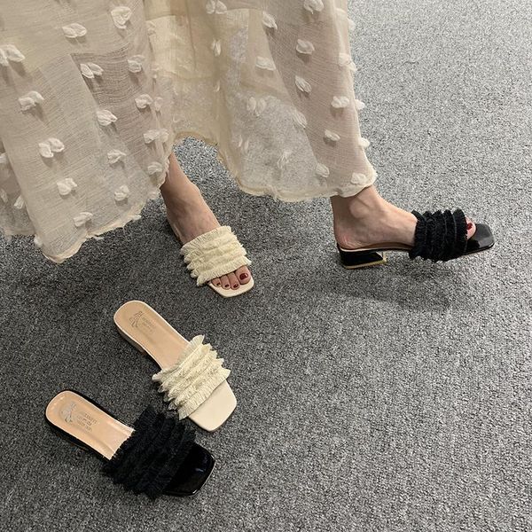 

shoes woman 2021 slippers casual med fur flip flops square heel pantofle luxury plush block new summer pu hoof heels slides, Black