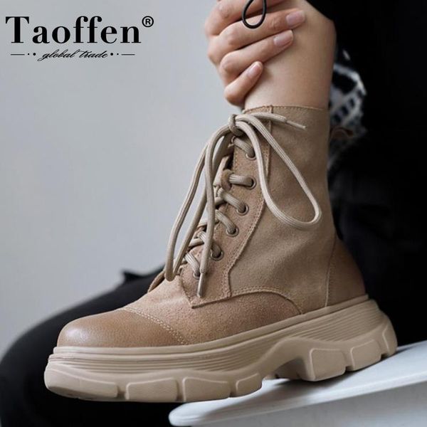 

boots taoffen 2021 women ankle real leather winter shoes fashion flat heel zipper casual footwear size 34-41, Black