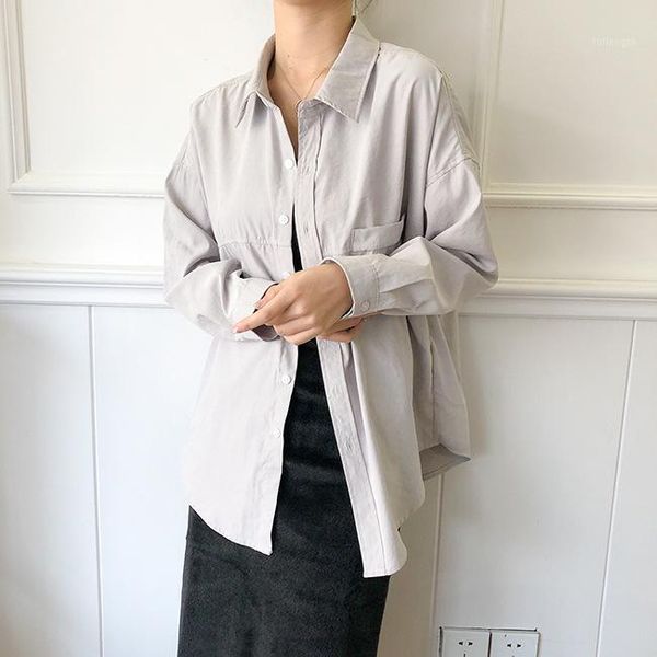 

2020 autumn cotton blouse korean long sleeve womens and blouses fake pocket women shirts blusas roupa feminina 1, White