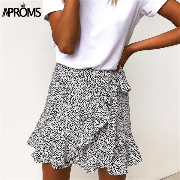 

aproms multi dot print short mini skirts women summer ruffle high waist bow tie skirt ladies streetwear slim bottoms saias 2020 lj200820, Black