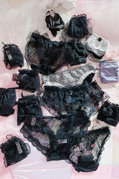 

summer transparent japanese lolita dark fairy high-end black lace mesh underwear1, Black;pink