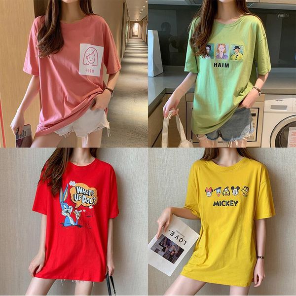 

pure cotton mid-length t-shirt female 2020 new summer korean loose loose slim lazy round neck printed short-sleeved, White