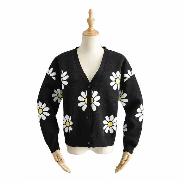 

осень зима 2019 новый v-образным вырезом белая ромашка женщин печататься с длинным рукавом свитера свитер вязаный кардиган yqcba, White;black
