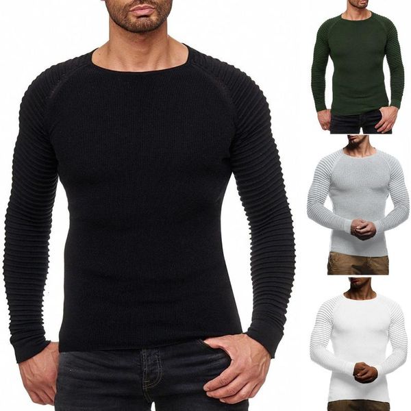 

2020 new style knitted sweater men's raglan sleeve pleated sleeve crew neck thin section pullover men clothes ing, White;black