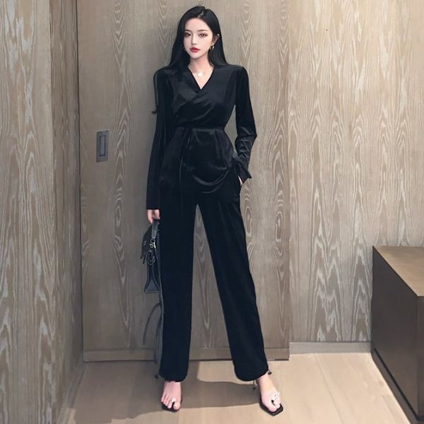 

2020 autumn new temperament velvet lace up shirt + high waist wide leg pants two piece set suit women's fashion trend