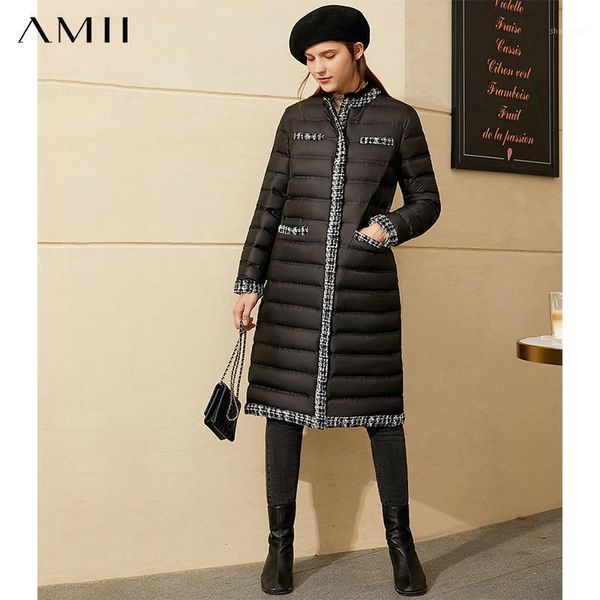 

amii minimalism down jacket female winter 90%white duck down mohair patchwork stand collar women's jacket female coat 120703511, Black