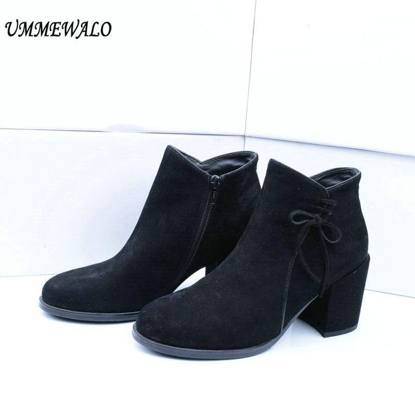 

boots ummewalo women suede leather high heel qualiy round toe shoes ladies casual autumn winter botines mujer, Black