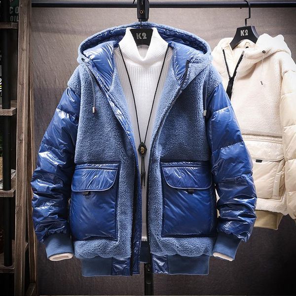 

men's down & parkas mens winter jacket men fleece for hooded coat patchwork windproof streetwear fashion jackets, Black